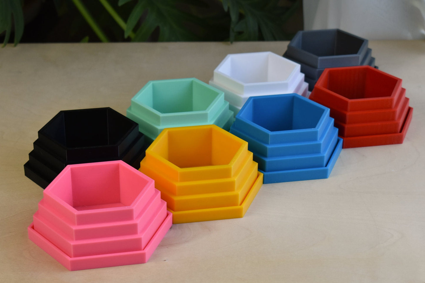 Small Hexagon Planter with Tray and Drainage, 30+ colors, Outdoor safe